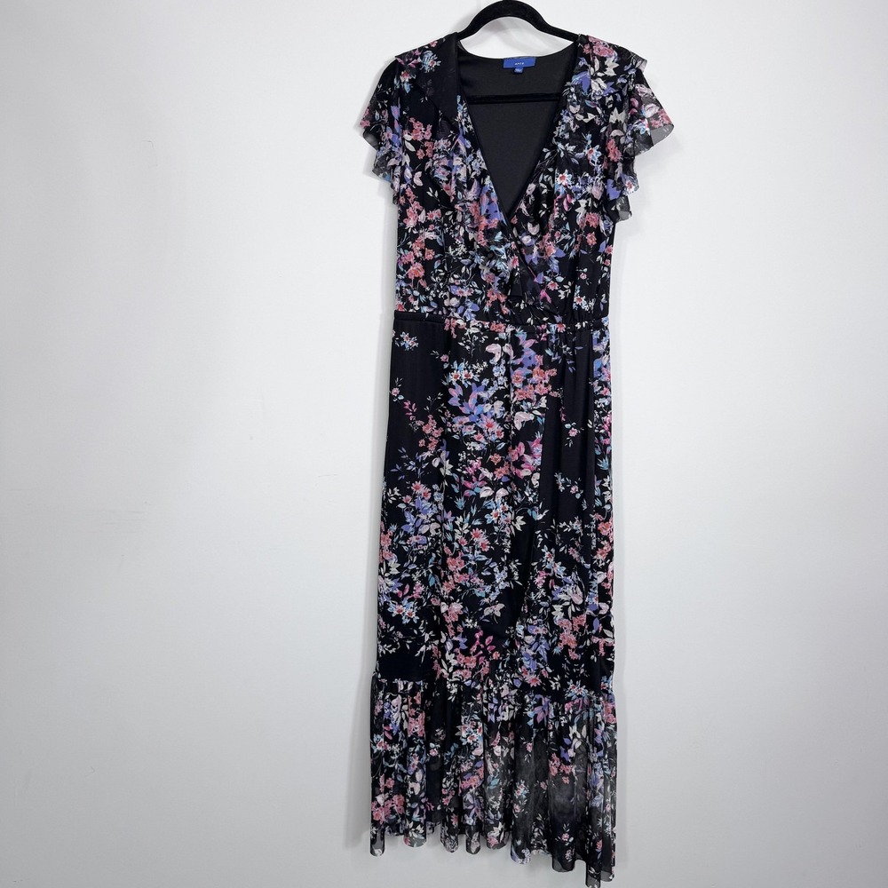 Apt. 9 Dress Womens Large Black Floral Chiffon Wrap Maxi Ruffle Hem Lined - Picture 2 of 11